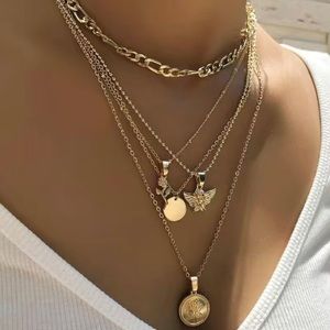NWT Fashion Multilayer Rose Disc Angel Pendant Necklace Gold tone